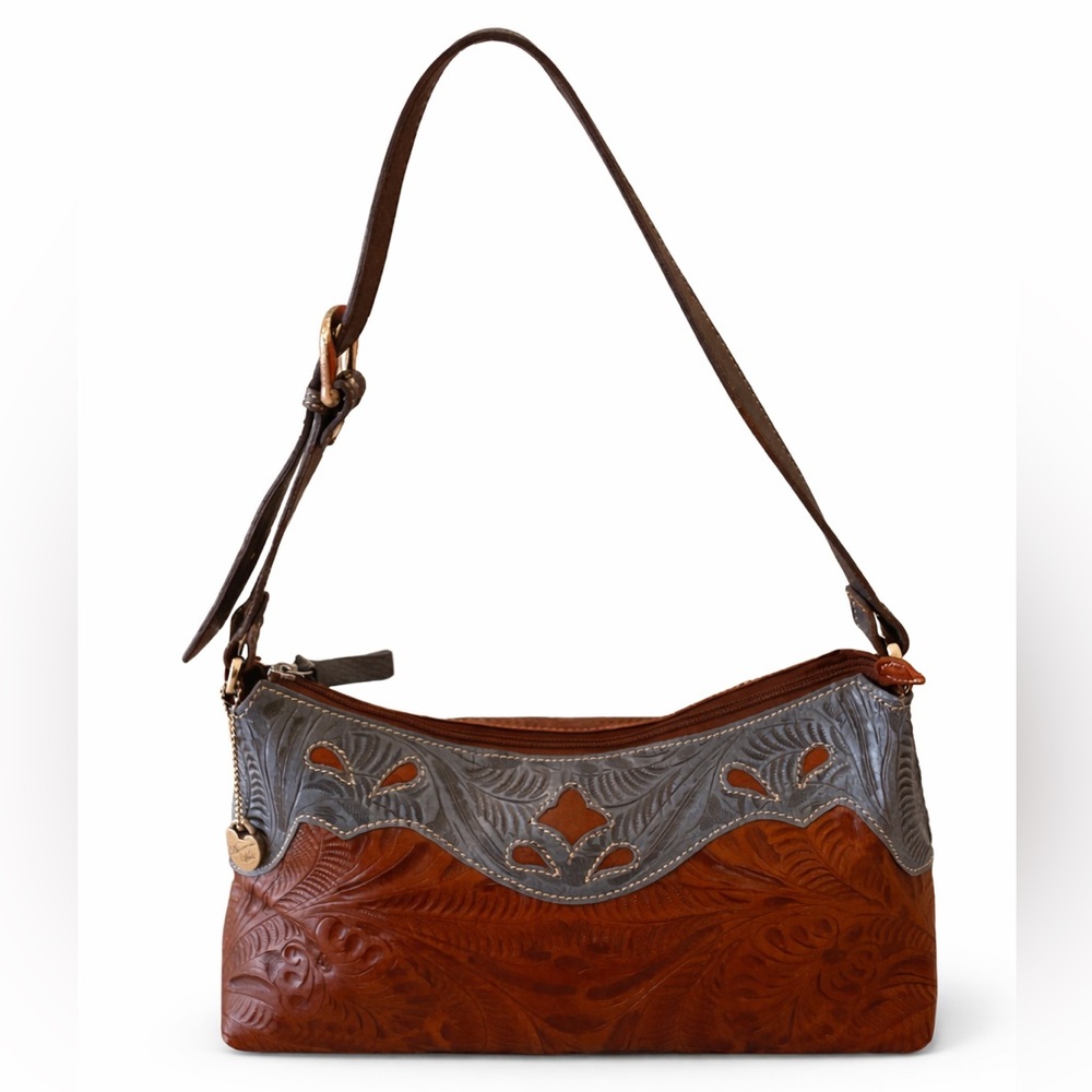 American West Brown and Blue Western Tooled Leather Shoulder Bag